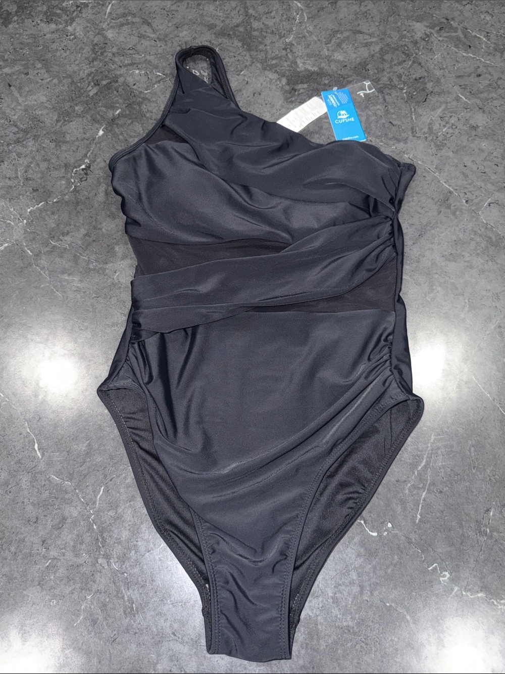 CUPSHE One-Shoulder Black Women’s Swim One-Piece with Mesh Waist